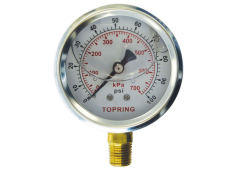 2" Diameter Pressure Gauge, Liquid Filled, 1/4" NPT Male Brass Connection, Lower Mount, Stainless Steel Case